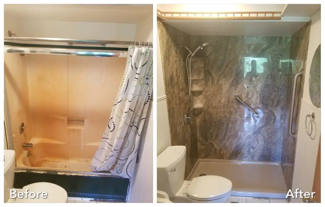 Stone shower upgrade in Massapequa, Nassau County — before and after