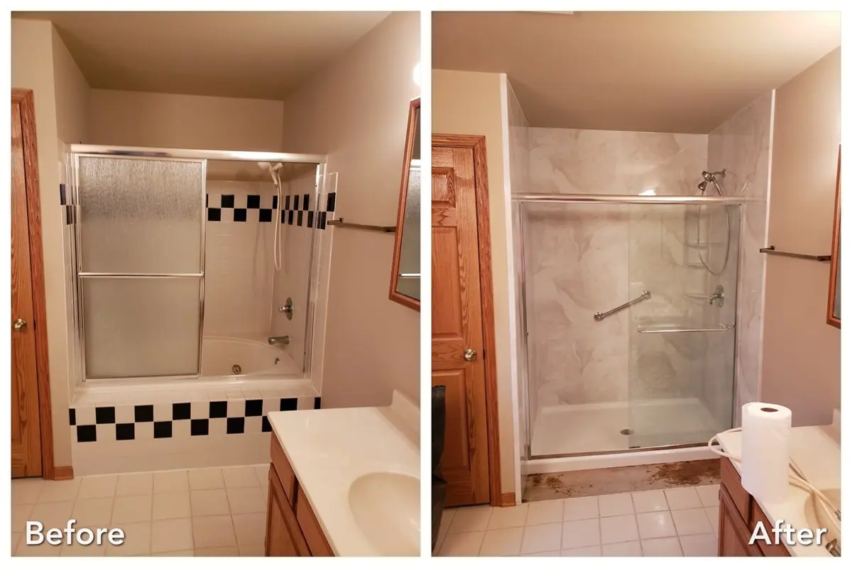 Checkerboard tub replaced with marble walk-in shower — before and after