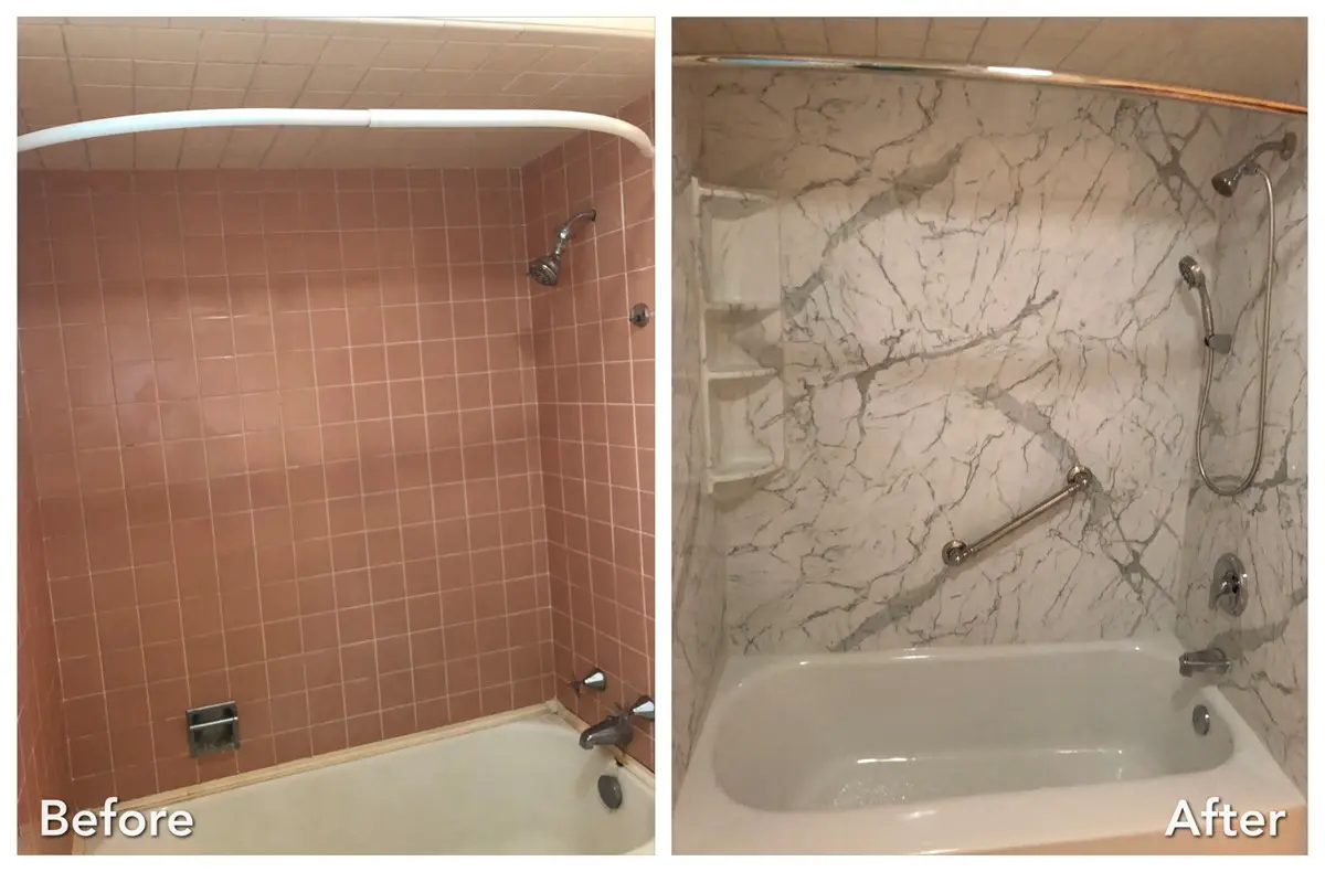 Pink tile tub transformed into marble surround with grab bar — before and after