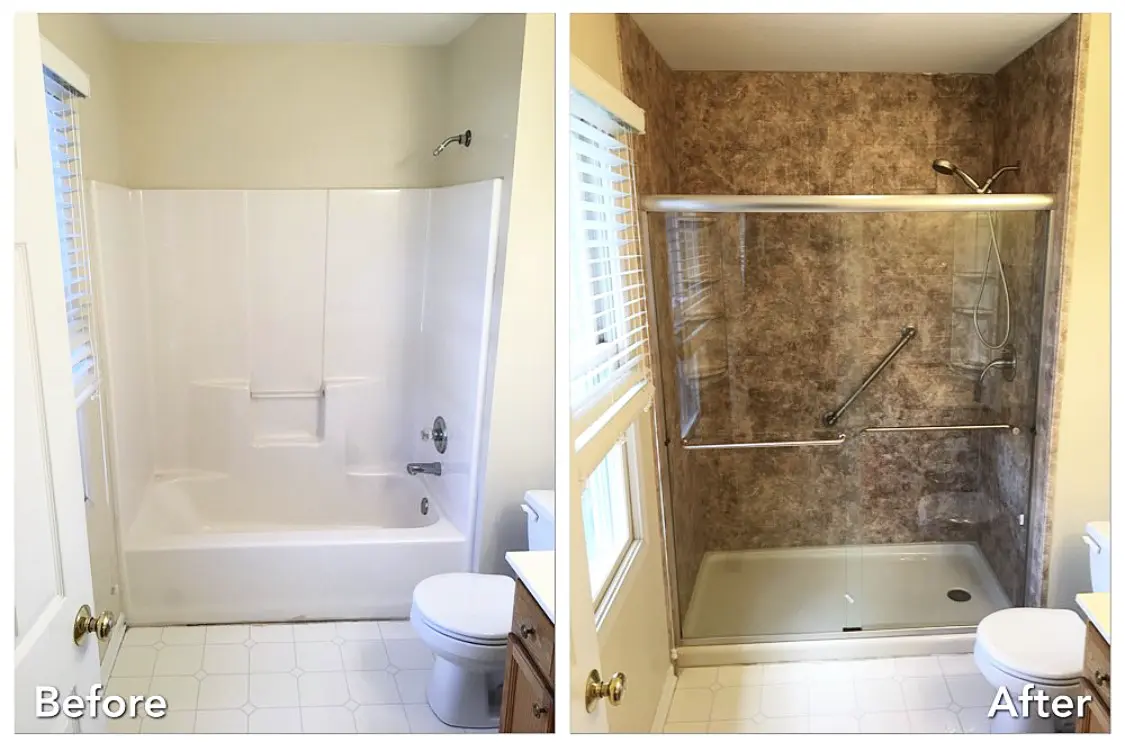 White tub replaced with stone walk-in shower and glass doors — before and after