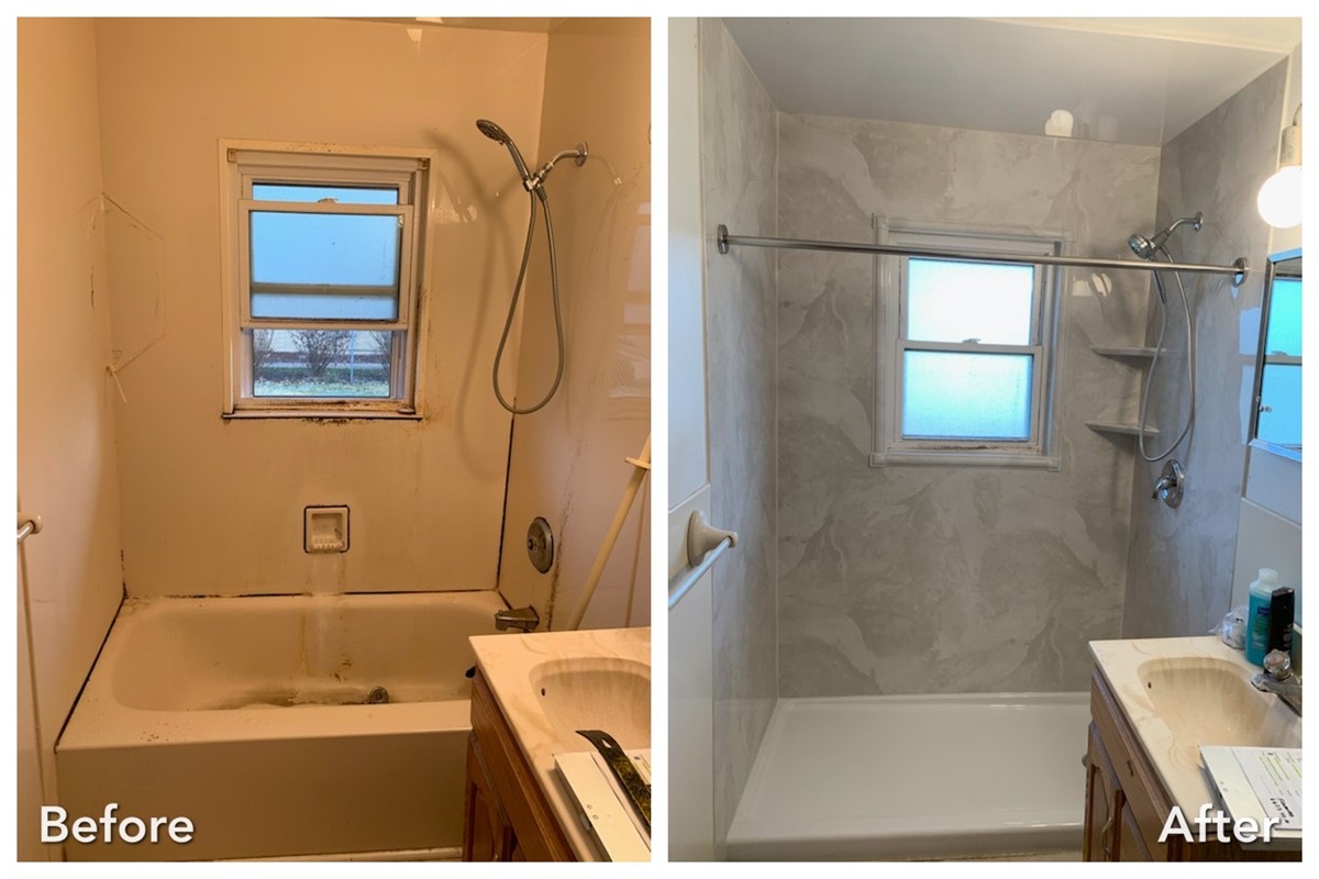 Stone walk-in shower installation in Farmingdale, Long Island — before and after