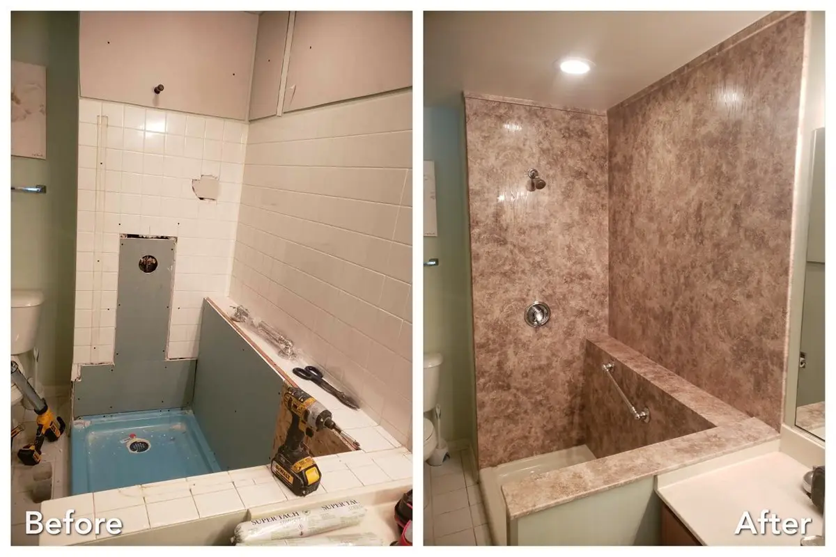 Before and after: Blue Tub Demolition to Stone Tub Surround in Plainview, Nassau County