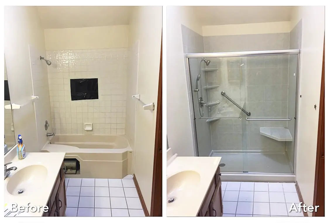 Before and after: Tub-to-Glass Shower with Bench in Massapequa Park, Nassau County