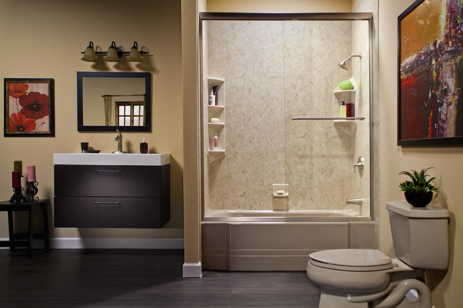Sandbar Pia bathtub with brecchia smooth walls and brushed nickel fixtures in tan bathroom
