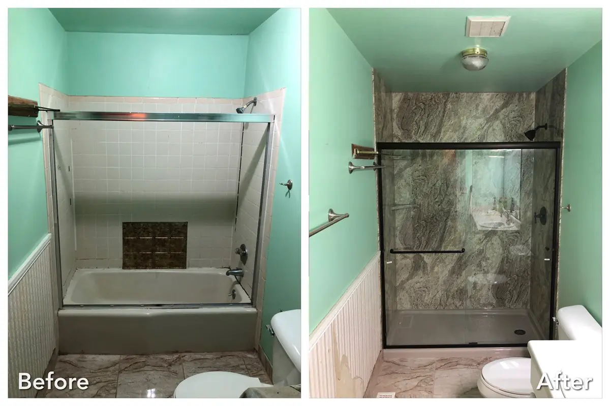 Before and after: Green Tub-to-Stone Shower in Islip, Suffolk County